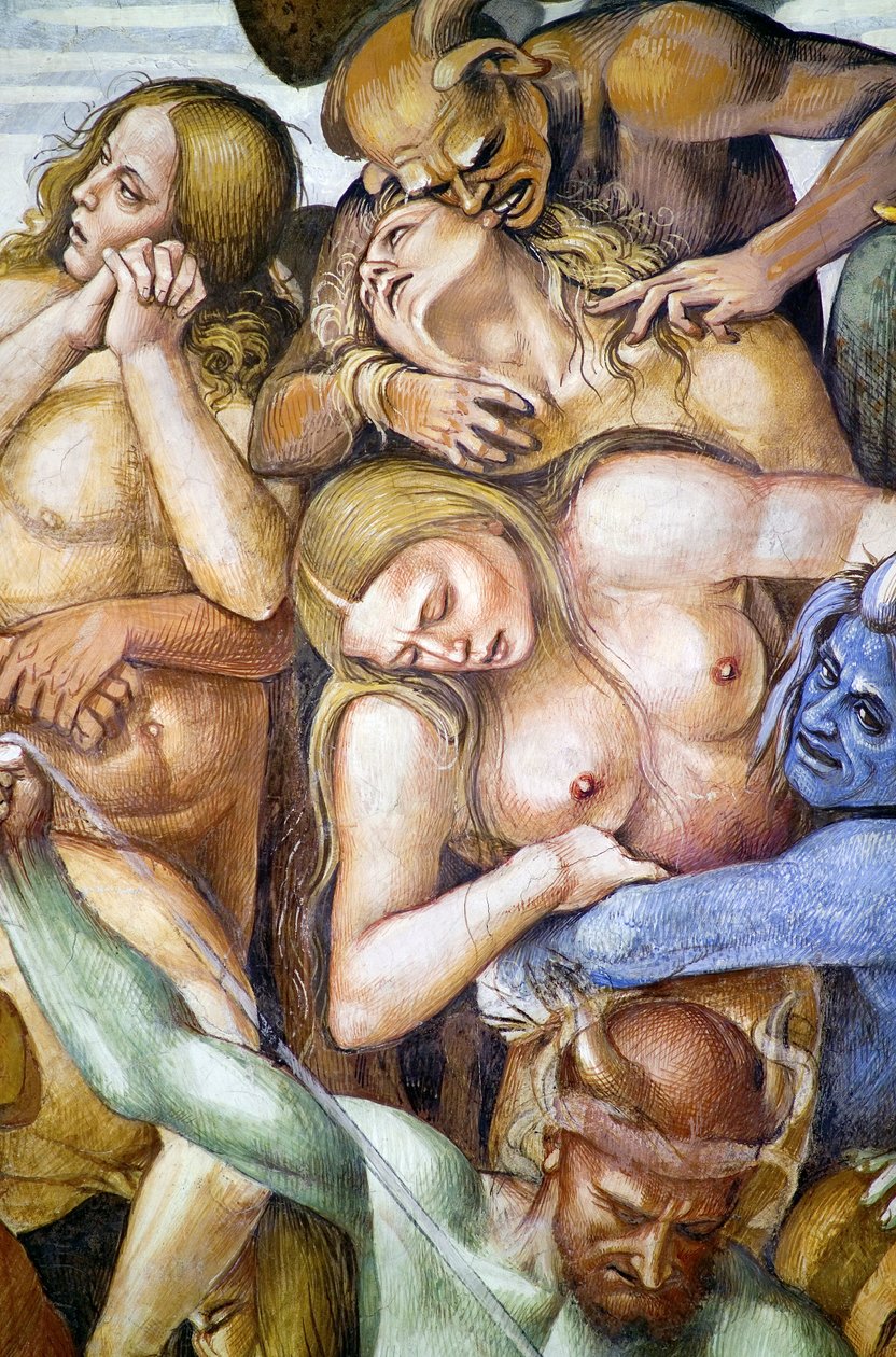 Przeklęty w piekle, detal z autoportretem Luki Signorelli w przebraniu niebieskiego demona, z cyklu fresk Sąd Ostateczny autorstwa Luca Signorelli