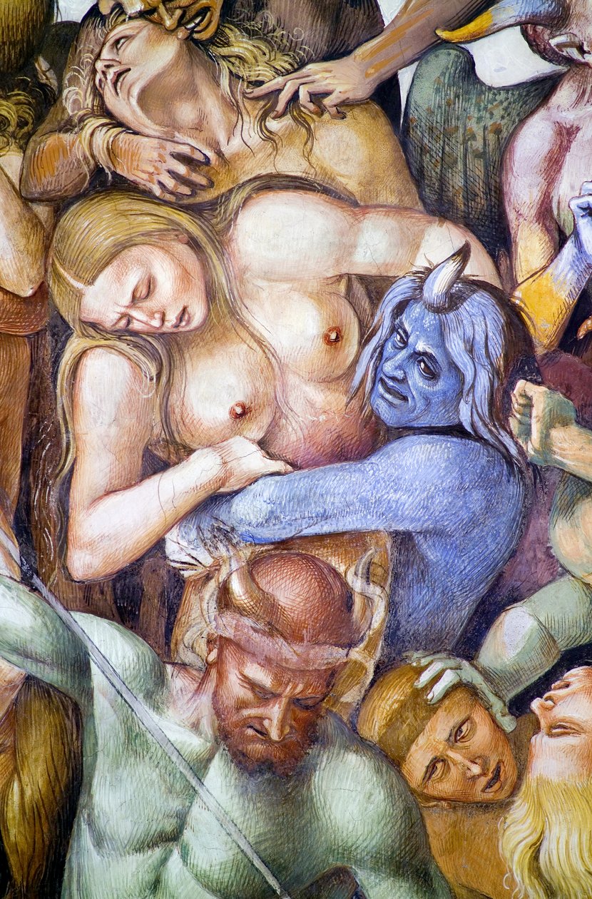 Przeklęty w piekle, detal z autoportretem Luki Signorelli w przebraniu niebieskiego demona, z cyklu fresk Sąd Ostateczny autorstwa Luca Signorelli