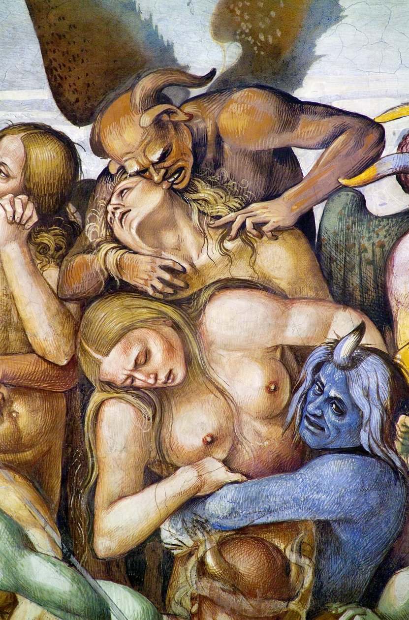 Przeklęty w piekle, detal z autoportretem Luki Signorelli w przebraniu niebieskiego demona, z cyklu fresk Sąd Ostateczny autorstwa Luca Signorelli