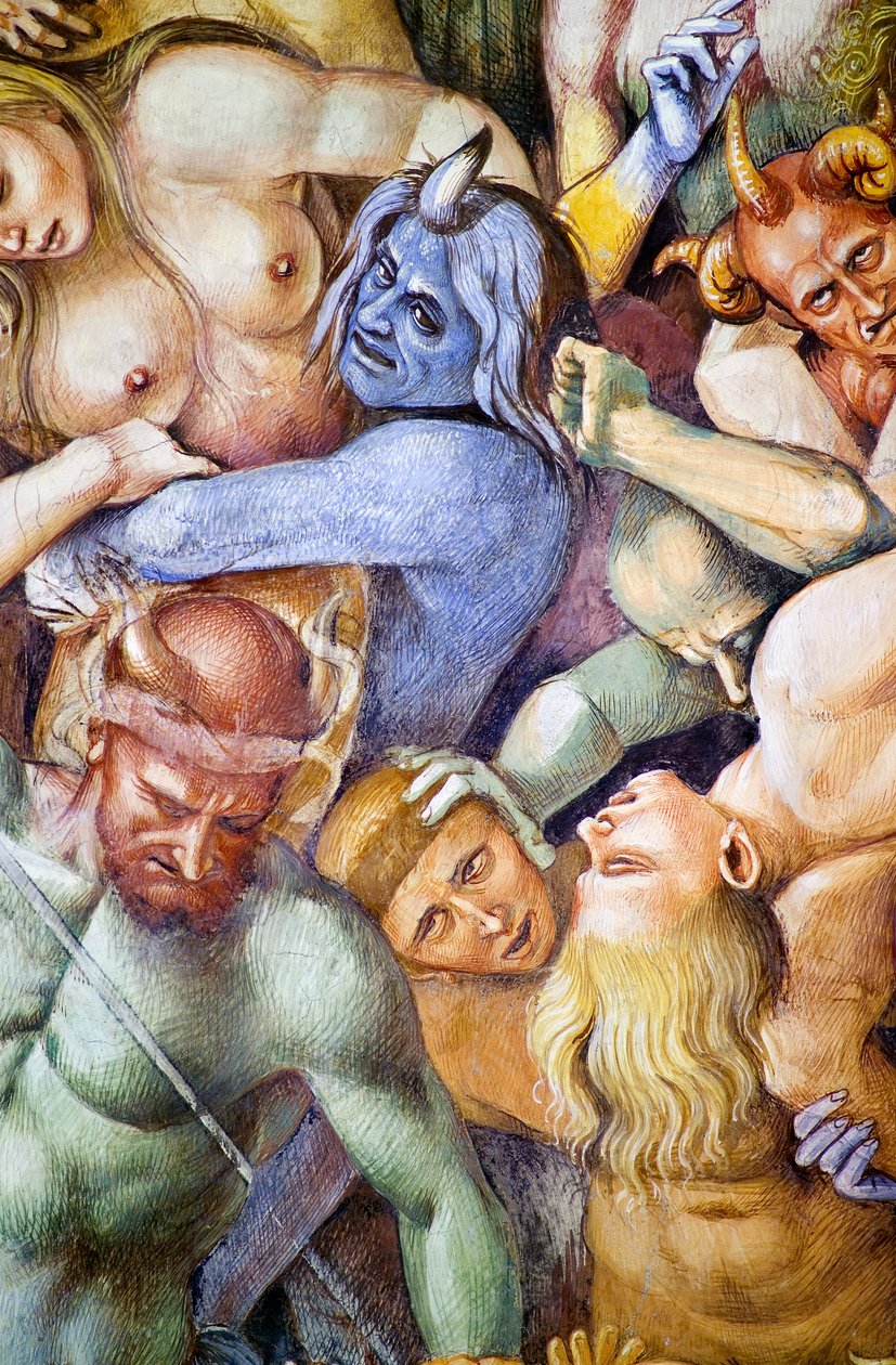 Przeklęty w piekle, detal z autoportretem Luki Signorelli w przebraniu niebieskiego demona, z cyklu fresk Sąd Ostateczny autorstwa Luca Signorelli