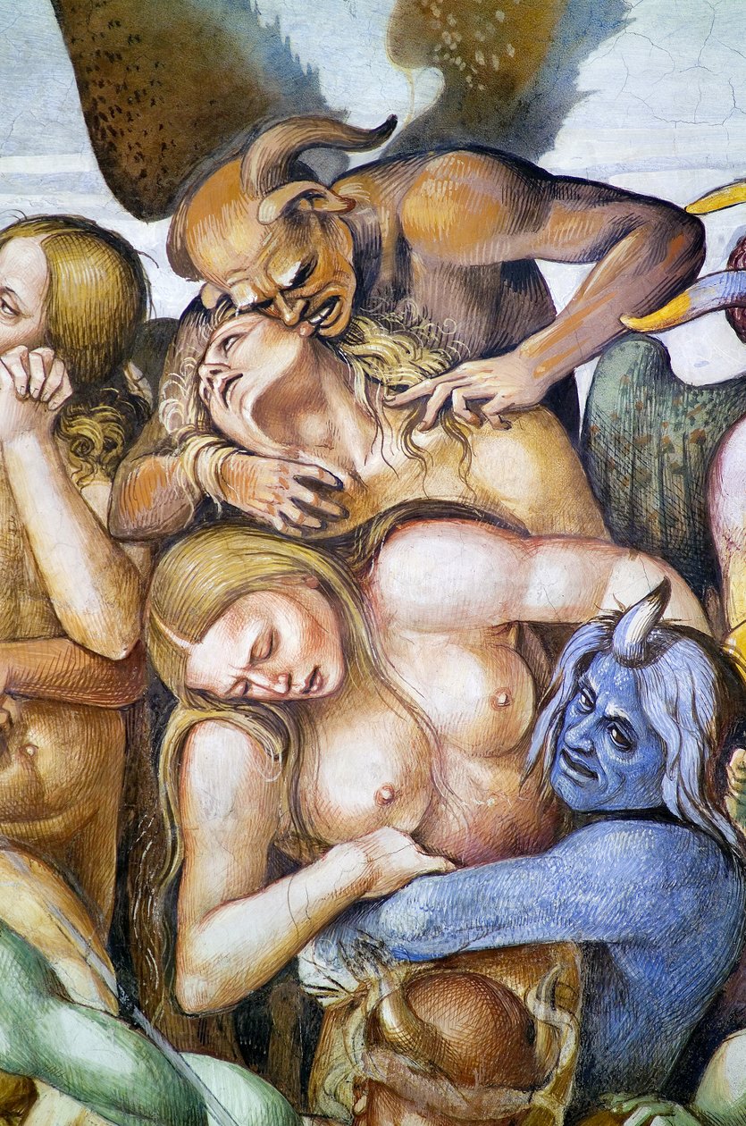 Potępieni w piekle, detal z autoportretem Luca Signorelli w przebraniu niebieskiego demona, z cyklu fresków Sąd Ostateczny autorstwa Luca Signorelli