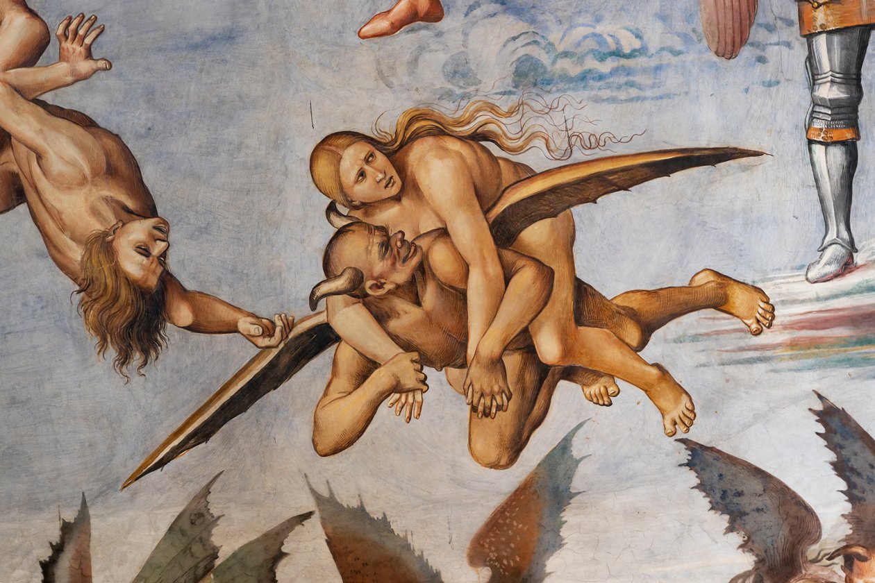 Przeklęty do diabła, szczegół latającego demona niosącego na ramionach zamożnego grzesznika i patrzącego na nią z uśmiechem, najwyraźniej zadowolonym ze zdobyczy autorstwa Luca Signorelli