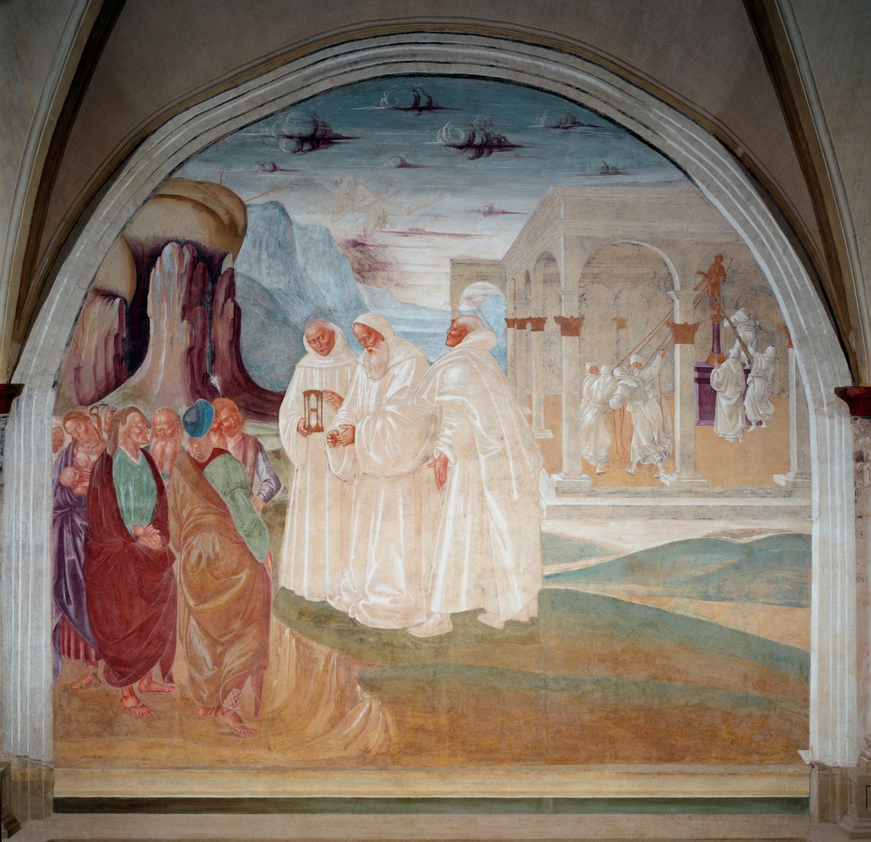 Św. Benedykt ewangelizował mieszkańców Monte Cassino, w tle mnisi strącają posąg Apolla (Fresco autorstwa Luca Signorelli