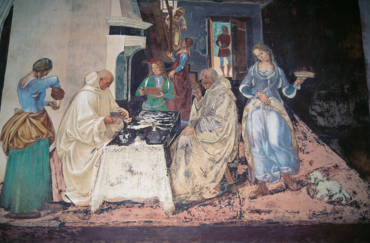Św. Benedykt upominający dwóch mnichów, którzy złamali Regułę, scena z Opowieści św. Benedykta z Monte Oliveto Maggiore autorstwa Luca Signorelli