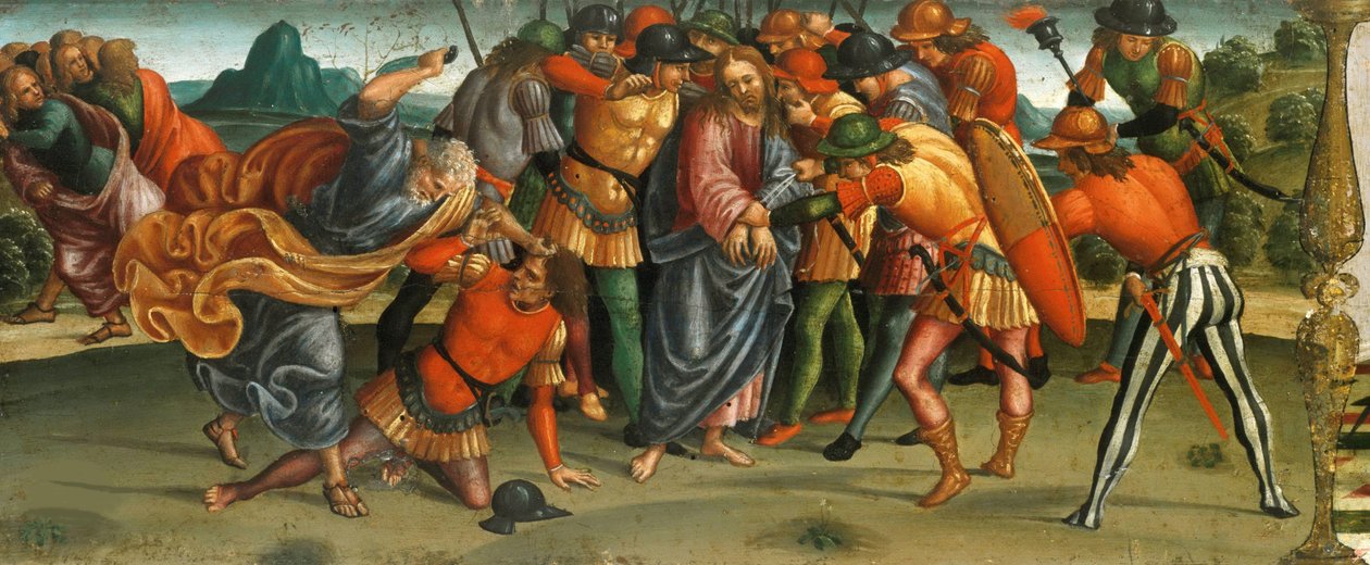 Zdobycie Chrystusa. Lament nad martwym Chrystusem, panel Predella, 1502. autorstwa Luca Signorelli
