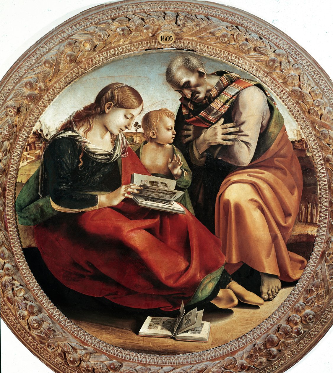 Święta Rodzina. Obraz Luca Signorelli (1450-1523), ok. 1495. Tondo. Olej na płótnie. Średnica: 124 cm. Florencja, Galeria Uffizi (Florencja, Muzeum Uffizi) autorstwa Luca Signorelli