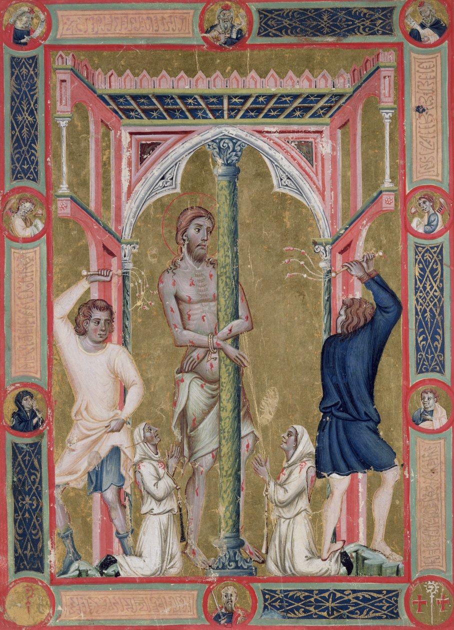 Biczowanie Chrystusa, z Mariegola de la Scuola di San Giovanni Evangelista de Venise autorstwa Luca di Paolo Veneziano
