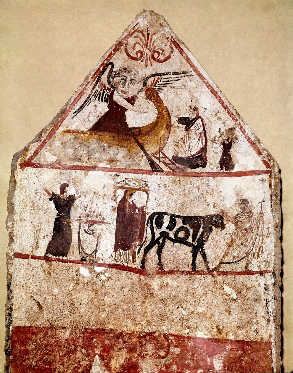 Byk prowadzi na ołtarzu fresk ofiarny Lucan z IV wieku pne, z nekropolii Andriuolo w Paestum we Włoszech. Narodowe Muzeum Archeologiczne, Paestum autorstwa Lucanian School
