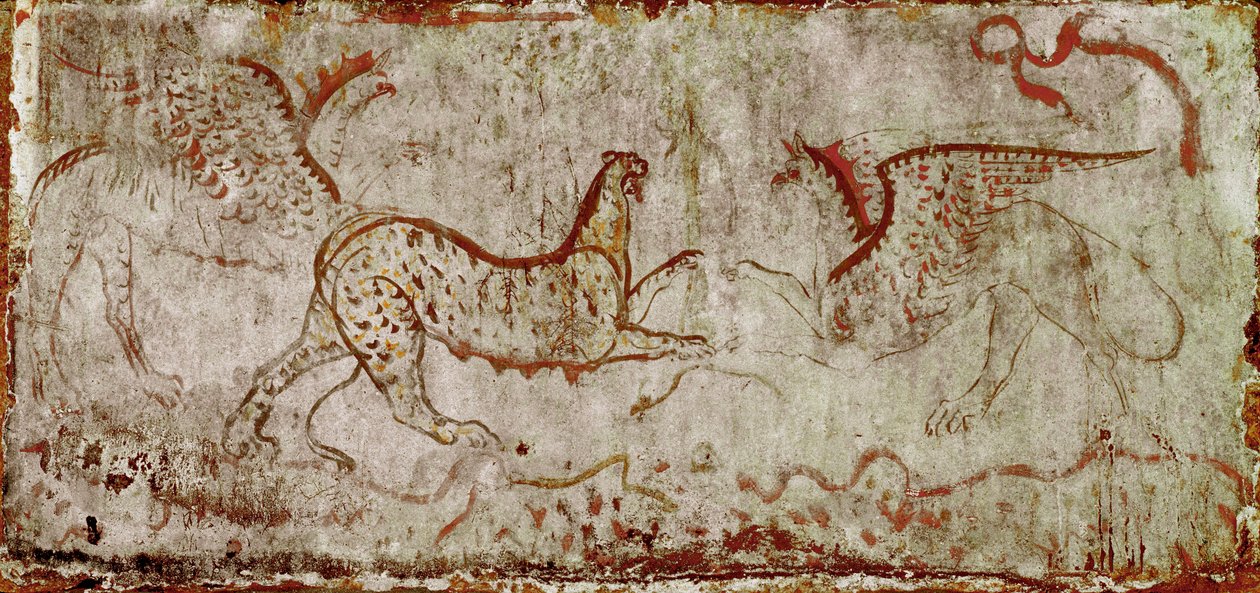 Walka między panterą a gryfowym freskiem Lucanian z IV wieku p.n.e., z grobowca Jeźdźca, nekropolia Paestum we Włoszech. Narodowe Muzeum Archeologiczne, Paestum autorstwa Lucanian School