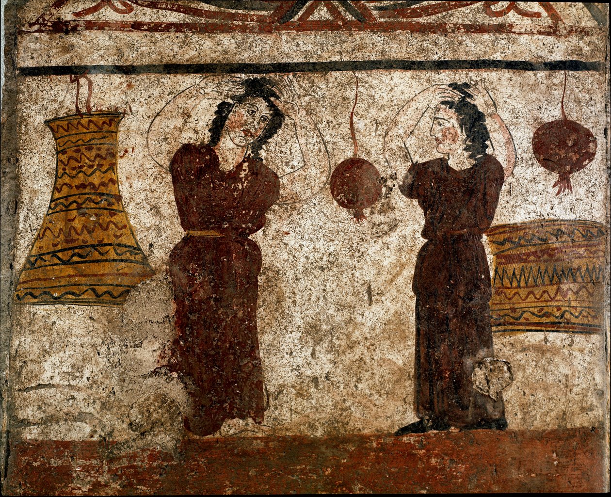 Grupa tancerzy podczas obrzędu pogrzebowego Lucanian fresk z IV wieku pne z nekropolii Paestum we Włoszech. Narodowe Muzeum Archeologiczne, Paestum autorstwa Lucanian School