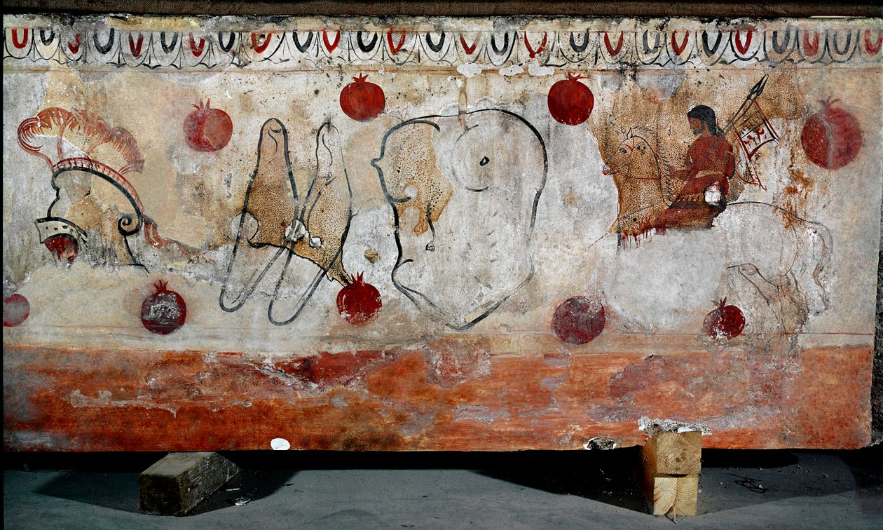 Jeździec i różne elementy jego zbroi Fresk Lucanian z IV wieku pne z nekropolii Paestum we Włoszech. Narodowe Muzeum Archeologiczne, Paestum autorstwa Lucanian School