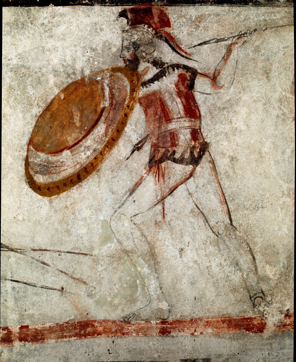 Wojownik z włócznią i tarczą fresk Lucanian z IV wieku p.n.e., z grobowca jeźdźca, miejsce Paestum we Włoszech. Narodowe Muzeum Archeologiczne, Paestum autorstwa Lucanian School