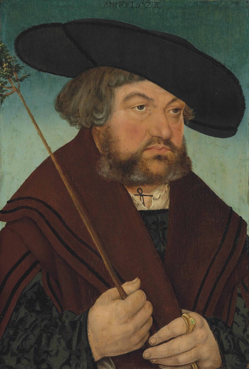 Portret mężczyzny w czarnym kaftanie i brązowym płaszczu, trzymającego gałąź autorstwa Lucas Cranach the Elder