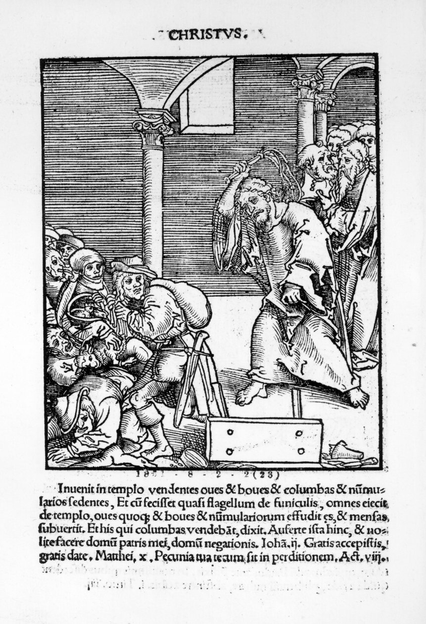 Chrystus wyprowadza kupców i pożyczkodawców ze świątyni z „Passional Christi und Antichristi” Philippa Melanchthona, opublikowanej w 1521 r. autorstwa Lucas Cranach the Elder