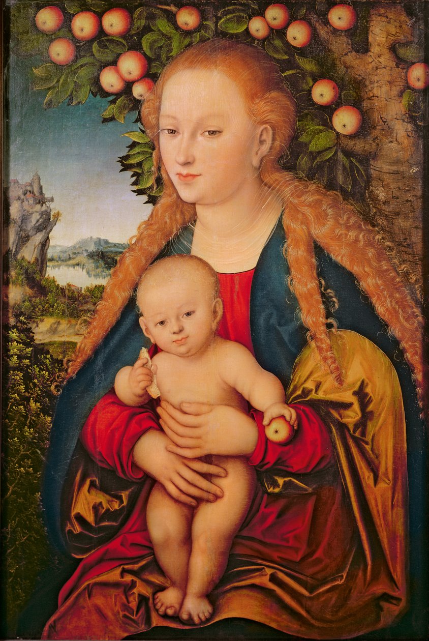 Dziewica z Dzieciątkiem pod jabłonią, 1520-26 (olej na płótnie przeniesiony z p tro om anel)) 99 : Jezus Chrystus; dziecko; okrążenie; jabłka; krajobraz; tło; symbolizm; Przeddzień; grzech; symboliczny; Dziecko; rura autorstwa Lucas Cranach the Elder