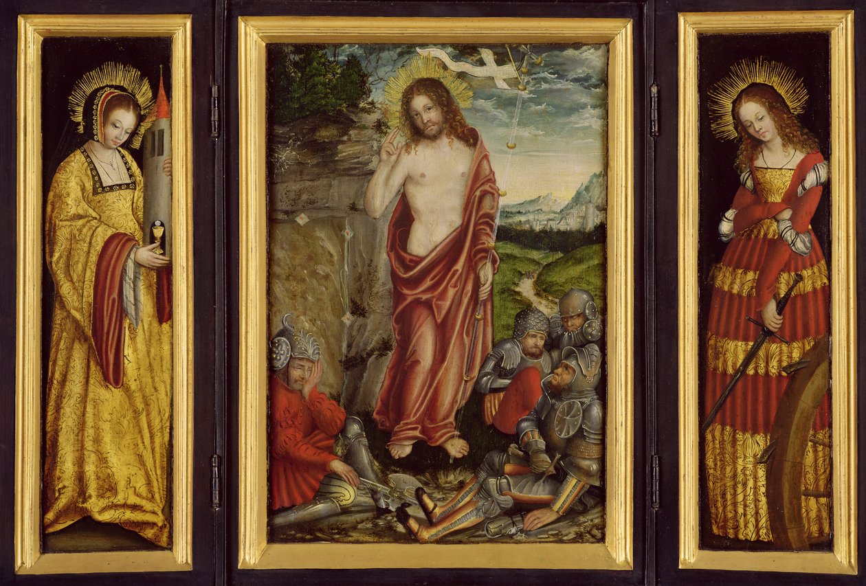 Mały ołtarz skrzydłowy ze Zmartwychwstaniem Chrystusa, św. Barbarą (lewe skrzydło) i św. Katarzyną (prawe skrzydło), 1508-10 autorstwa Lucas Cranach the Elder