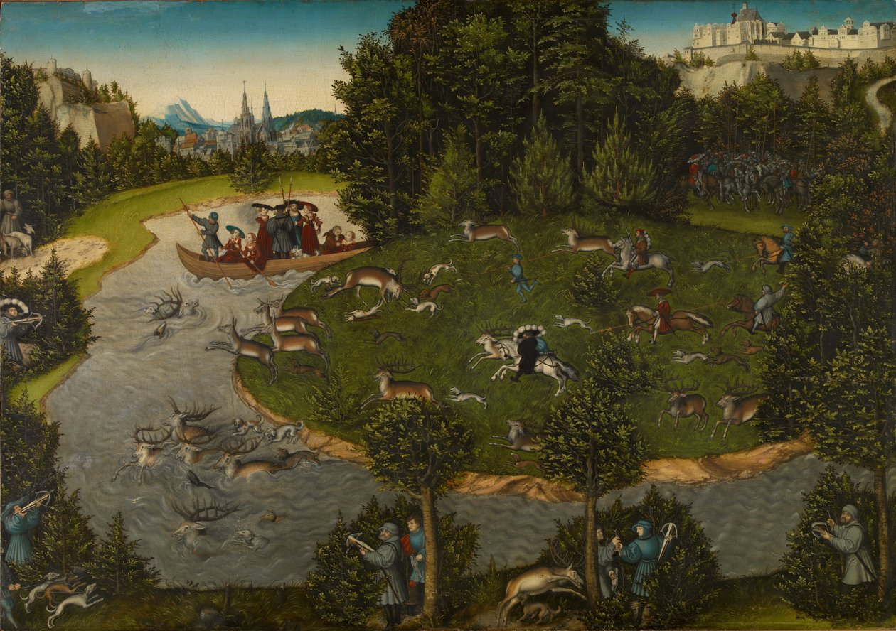 Polowanie na jelenie z Fryderykiem III, elektorem saskim, Fryderykiem Mądrym autorstwa Lucas Cranach the Elder