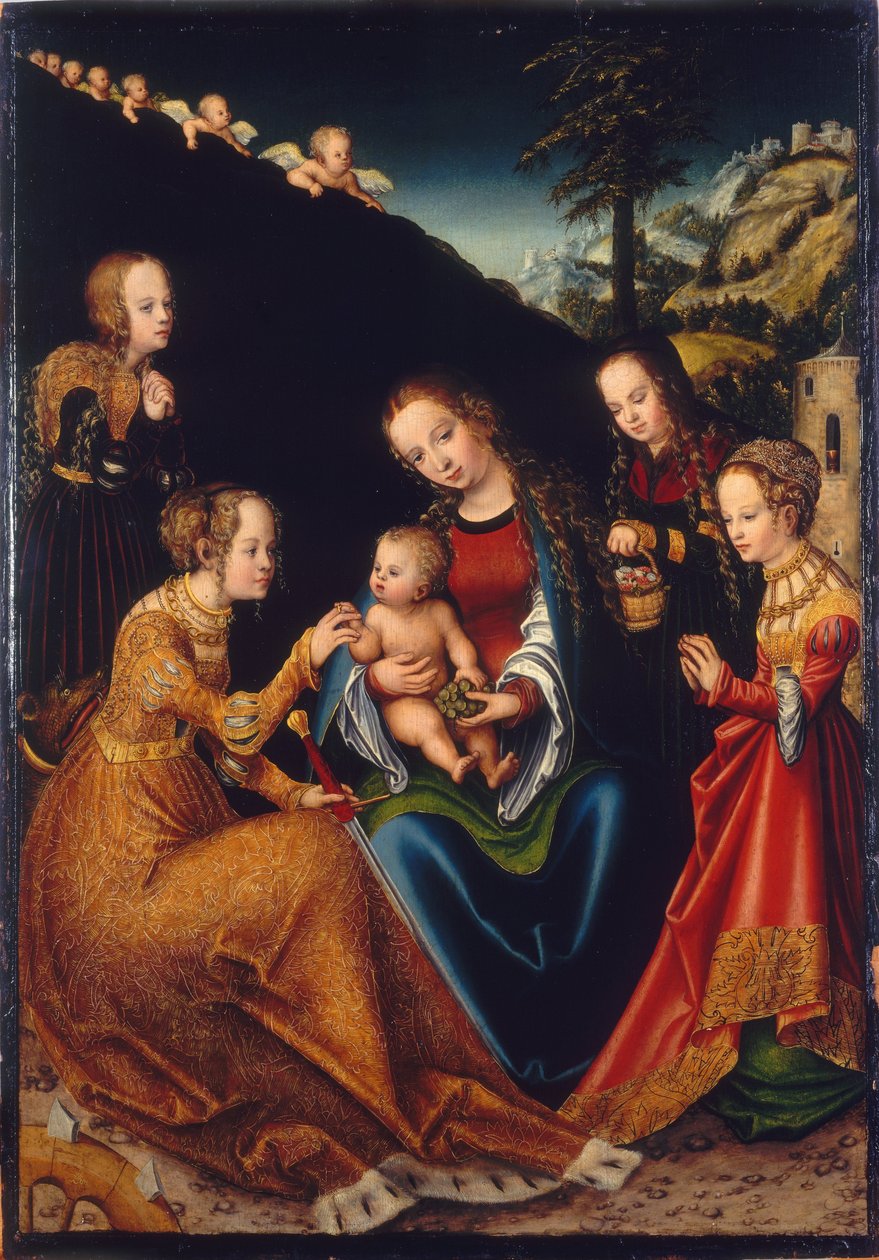 Mistyczne zaślubiny św. Katarzyny Aleksandryjskiej ze św. Dorotą, Małgorzatą i Barbarą autorstwa Lucas Cranach the Elder