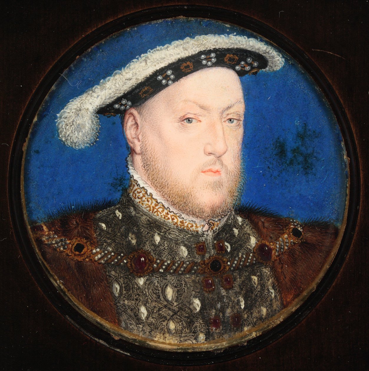 Henryk VIII w szarym dublecie i futrzanej sukni (toaleta i kolor nadwozia na welinie) autorstwa Lucas Horenbout or Hornebault
