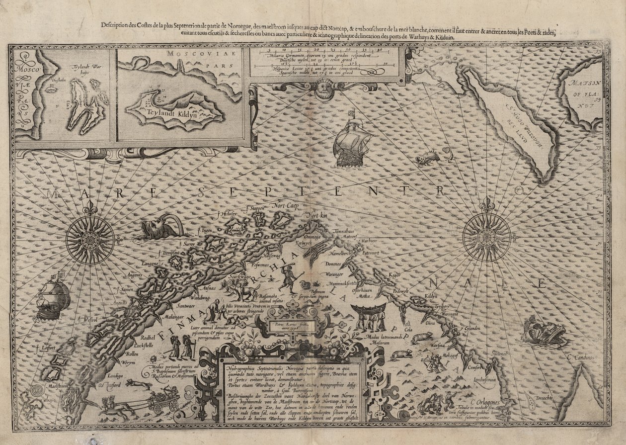 Mapa północnej Norwegii z powiększonymi sekcjami Vardø i Kildin autorstwa Willema Barentsa autorstwa Lucas Janszoon Waghenaer