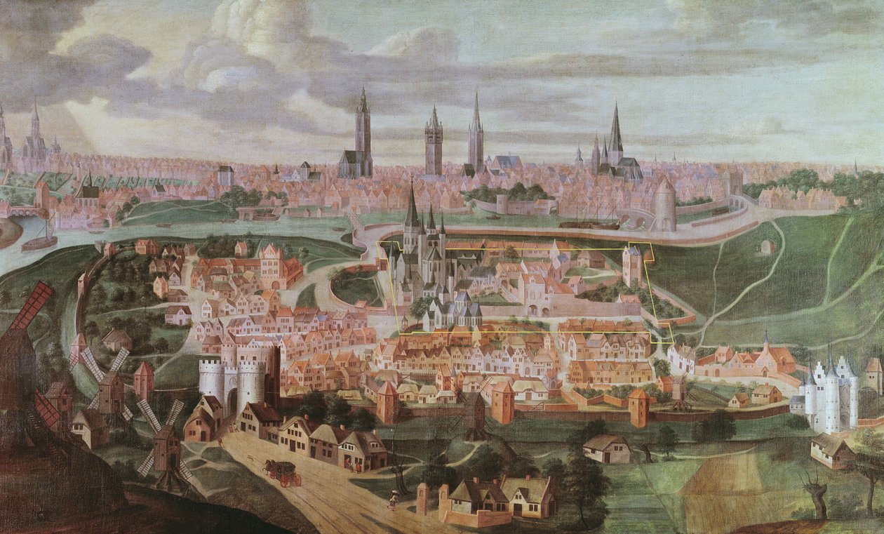 Panoramiczny widok na miasto Gandawa pod koniec XVI wieku autorstwa Lucas de Heere