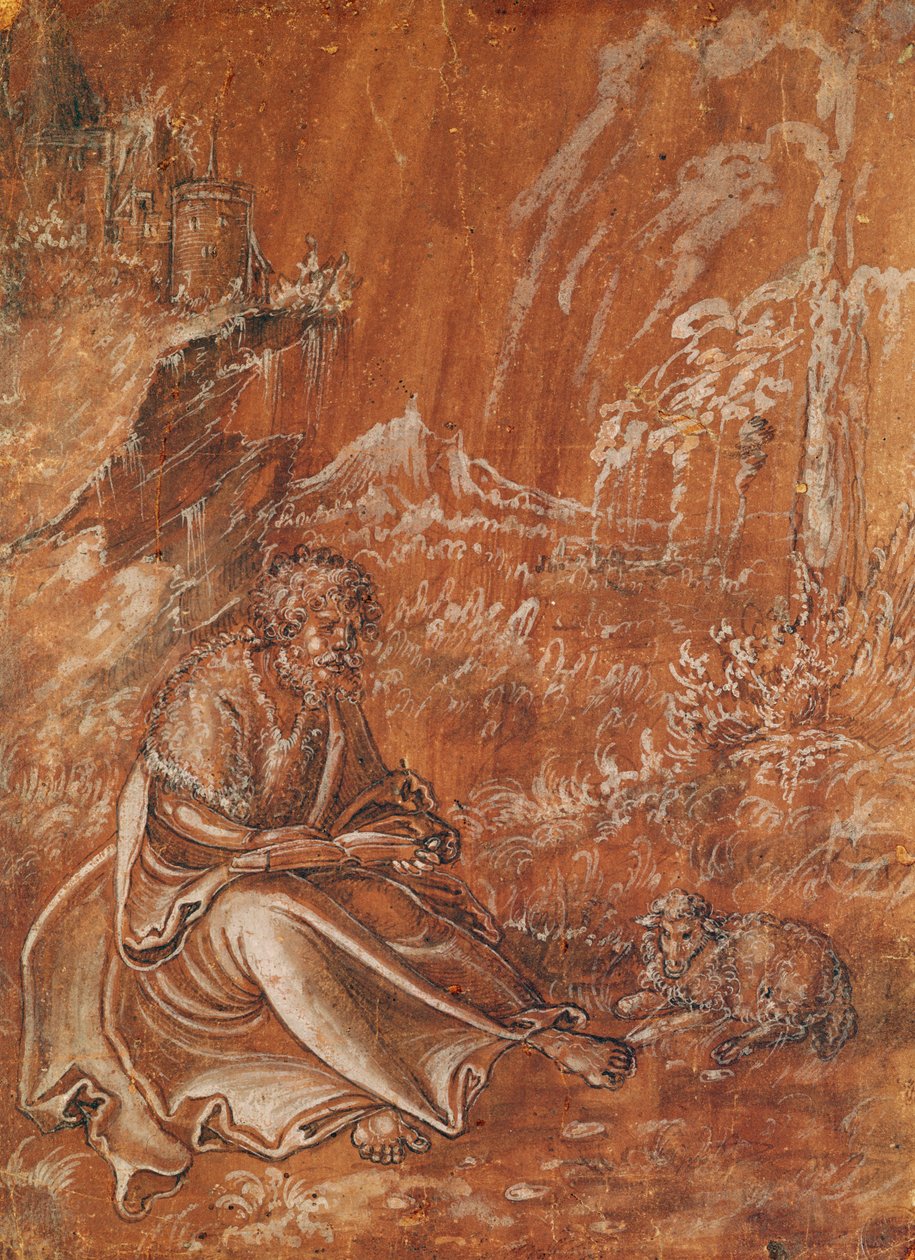 Św. Jan Chrzciciel siedzący w górzystym krajobrazie (tusz na papierze) autorstwa Lucas Cranach the Elder