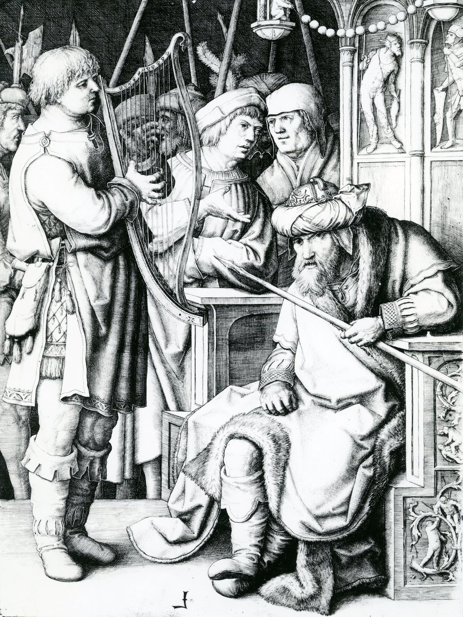 Dawid grający na harfie dla Saula autorstwa Lucas van Leyden