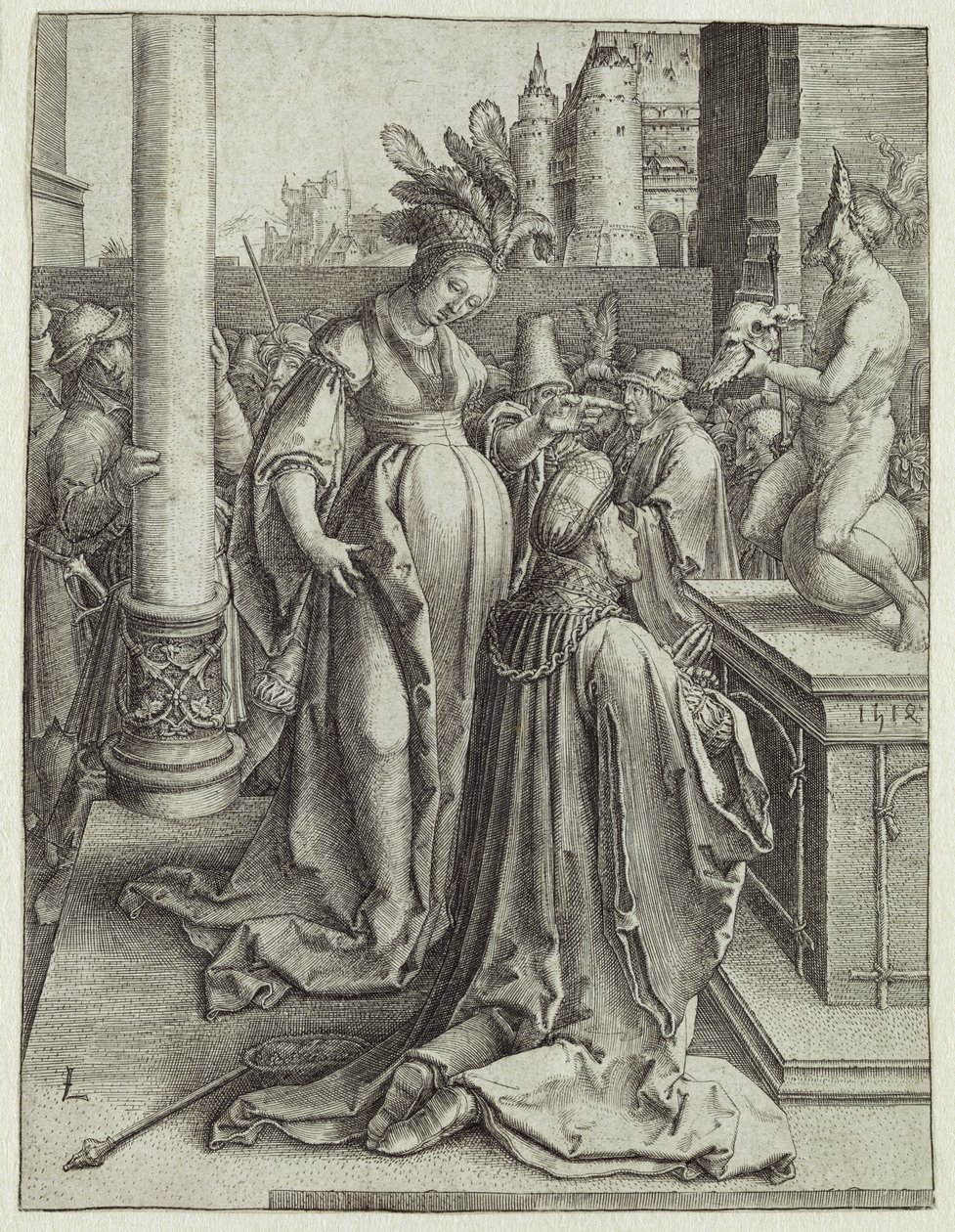 Salomon modli się przed rzeźbą, c.1514 (rycina miedziana) autorstwa Lucas van Leyden