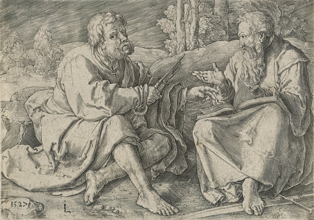 Św. Piotr i Paweł w pejzażu, ok. 1527 (rycina na papierze czerpanym) autorstwa Lucas van Leyden