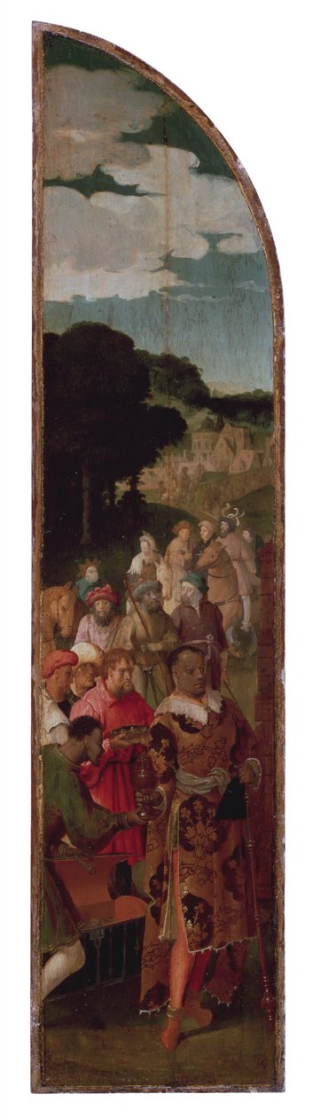 Adoracja Tryptyku Trzech Króli (lewy panel) autorstwa Lucas van Leyden