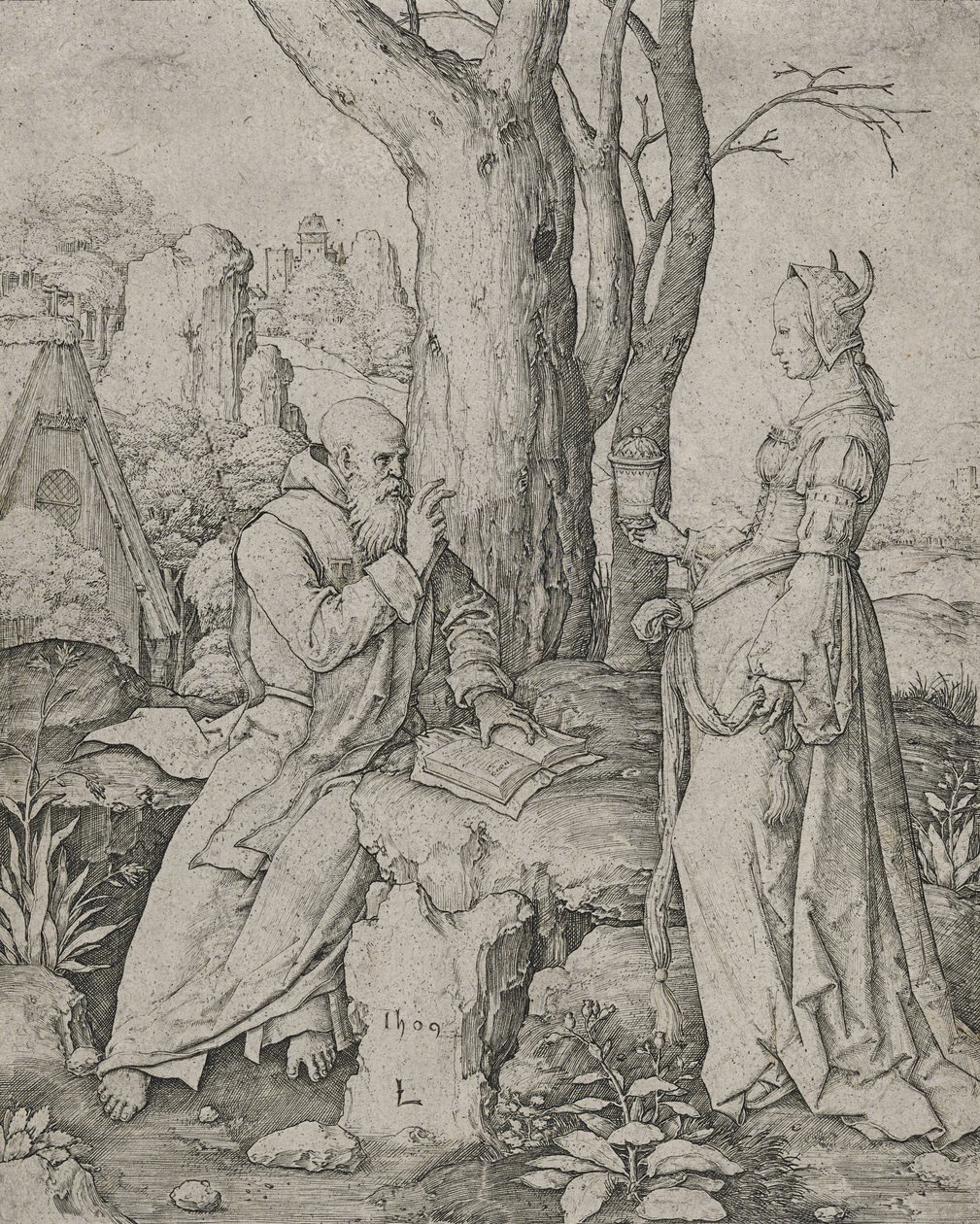 Kuszenie św. Antoniego, 1509 (rycina na papierze wykładanym) autorstwa Lucas van Leyden