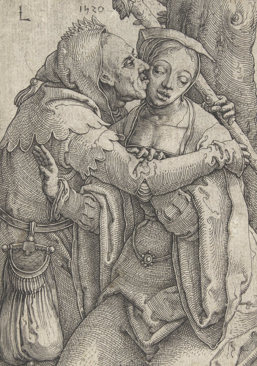 Błazen i młoda kobieta, 1520 autorstwa Lucas van Leyden