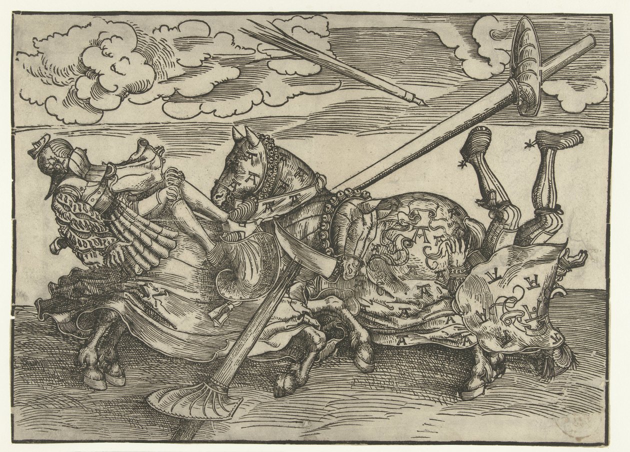 Niemiecki turniej z dwoma szlachcicami jako rycerzami na koniach autorstwa Lucas Cranach