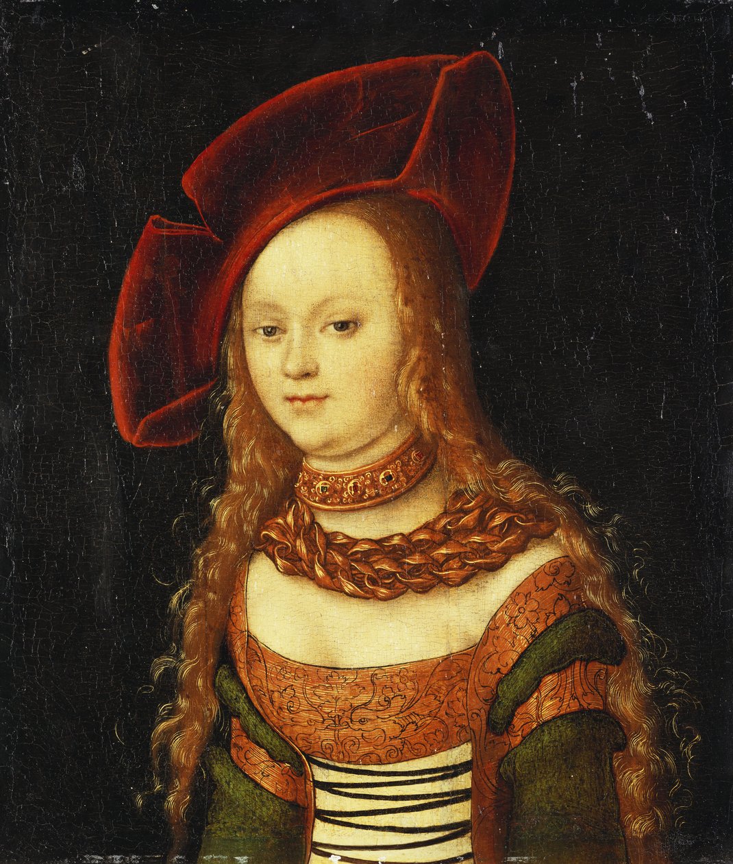 Portret młodej dziewczyny, pół wzrostu, ubrana w zielono-złoty kostium z czerwoną czapką autorstwa Lucas Cranach