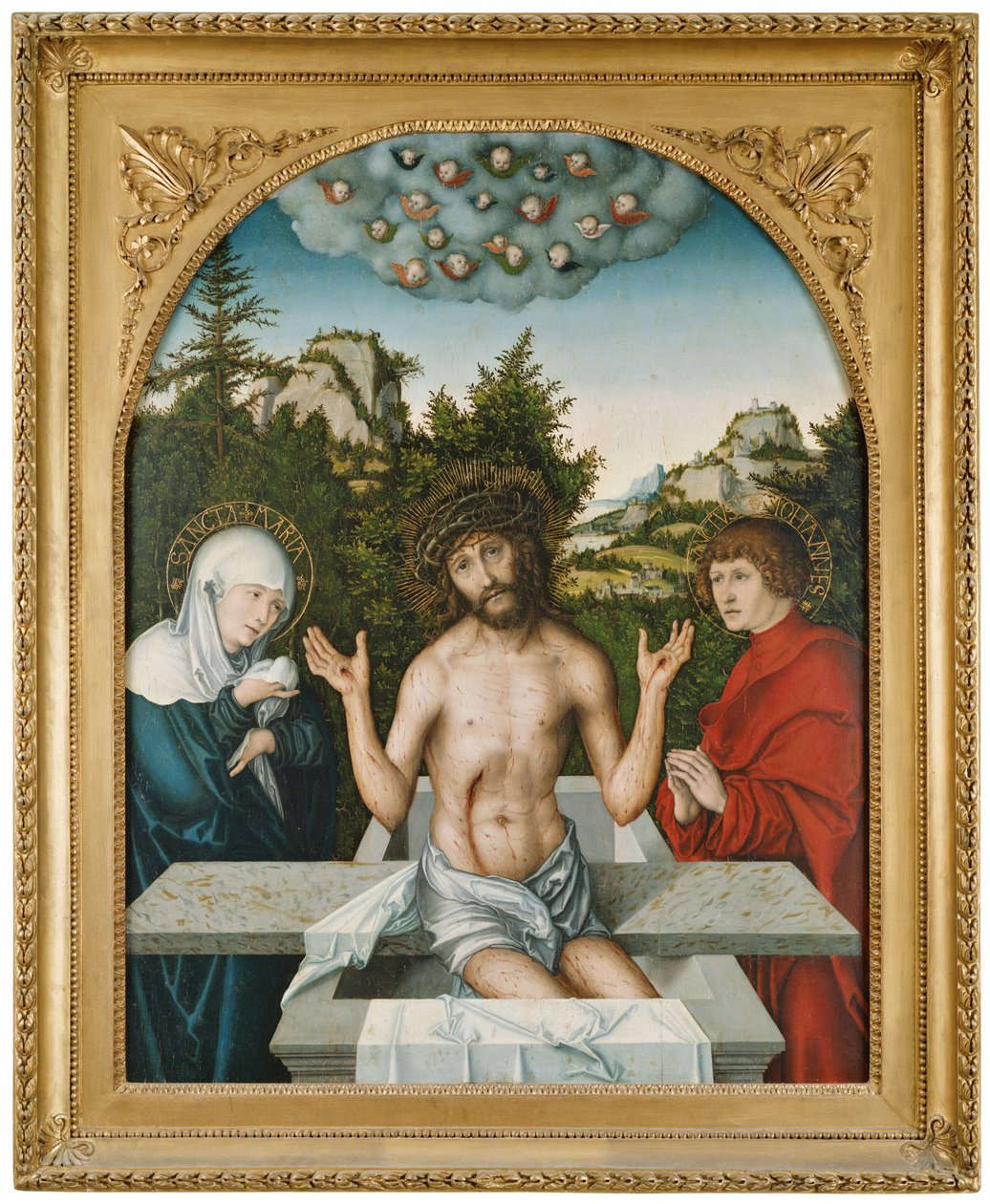 Schmerzensmann zwischen Maria und hl. Johannes autorstwa Lucas Cranach