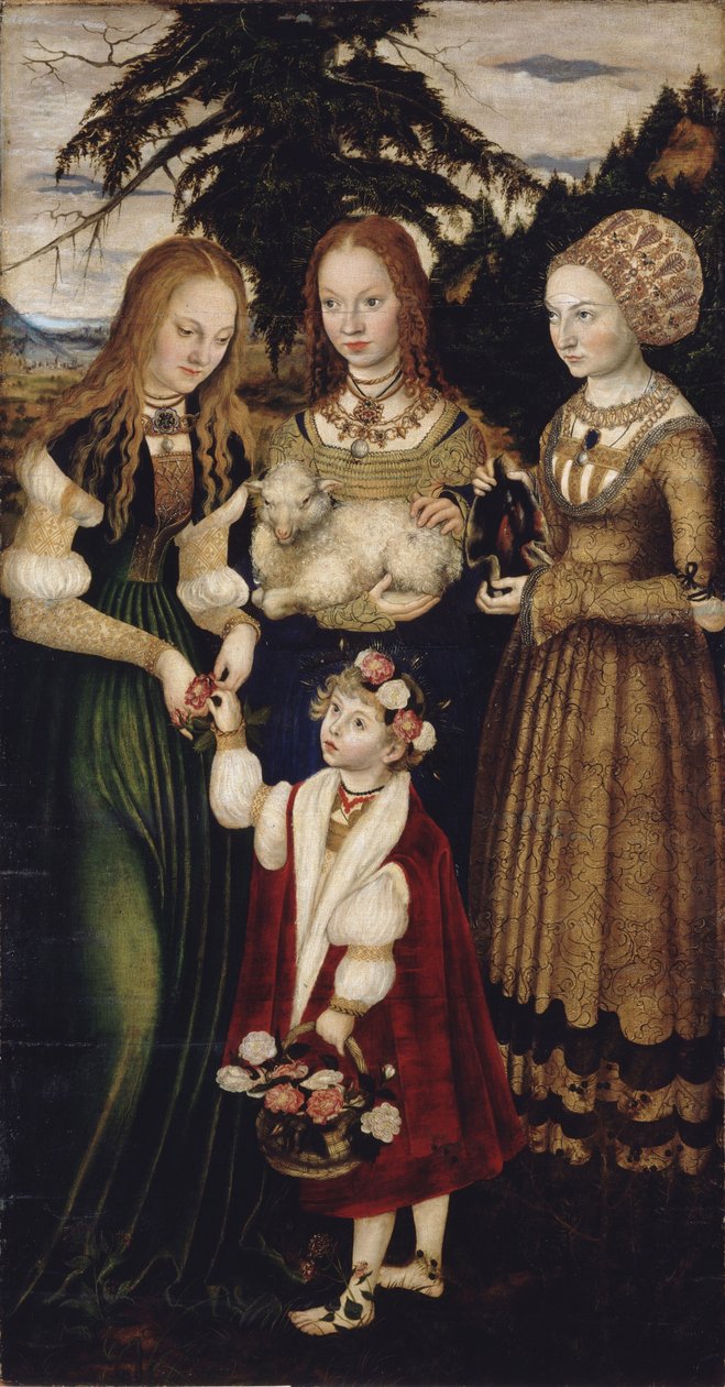 Ołtarz z męczeńską śmiercią św Katarzyny, lewe skrzydło: św. Dorota, Agnieszka i Cunigunda autorstwa Lucas Cranach the Elder