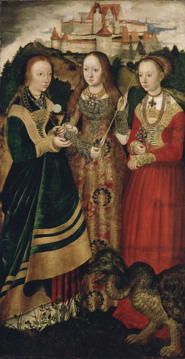 Ołtarz z męczeńską śmiercią św Katarzyny, prawe skrzydło: Św. Barbara, Urszula i Małgorzata autorstwa Lucas Cranach the Elder