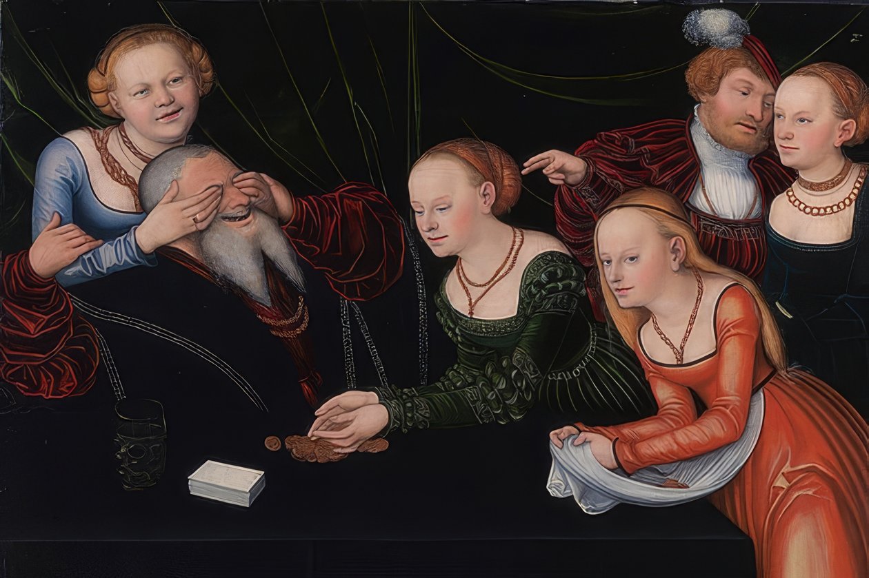 Stary człowiek zaczarowany przez kurtyzany. Około 1537 autorstwa Lucas Cranach the Elder