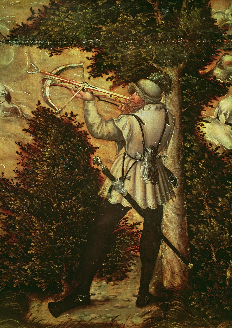 Kusznik celujący, detal z "Polowania na cześć Karola V w pobliżu zamku Hartenfels, Torgau", 1544 r. autorstwa Lucas Cranach the Elder
