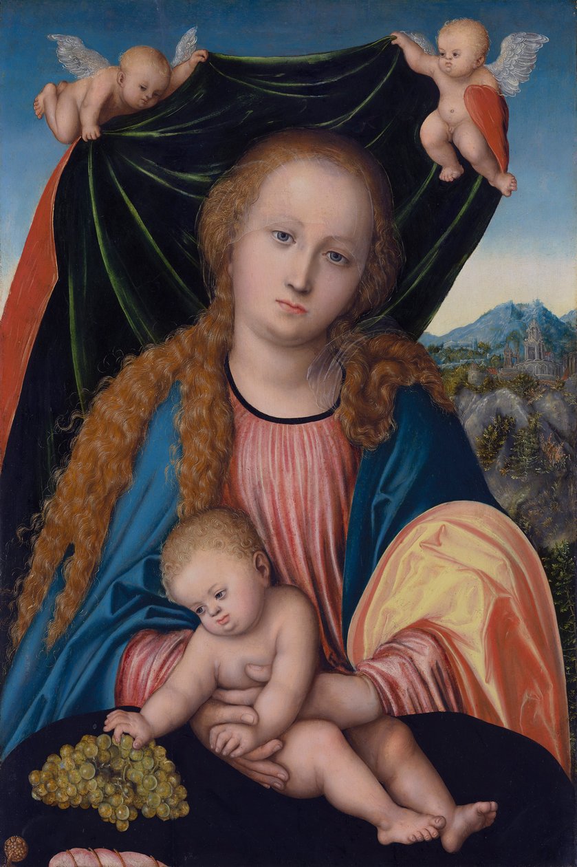 Niemiecki: Madonna z Dzieciątkiem i winogronami, Dwa anioły trzymające zasłonę Dziewica z Dzieciątkiem autorstwa Lucas Cranach the Elder