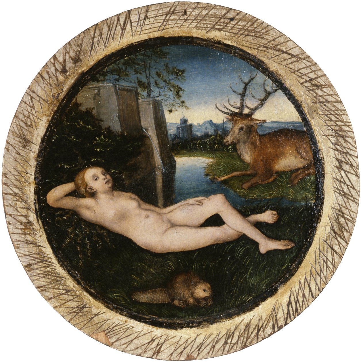 Niemiecki: Odpoczywająca nimfa wiosenna Leżąca nimfa autorstwa Lucas Cranach the Elder