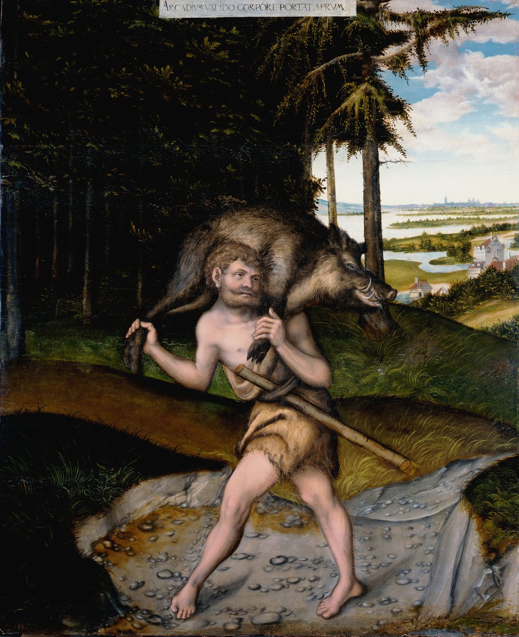 Herakles i dzik erymancki z prac Herkulesa autorstwa Lucas Cranach the Elder