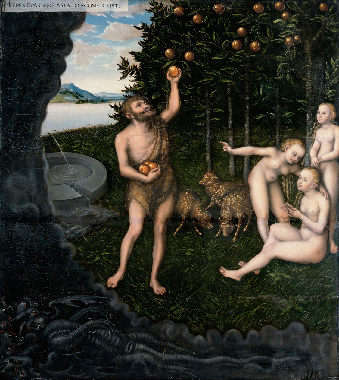 Herkules kradnący jabłka Hesperydom z prac Herkulesa autorstwa Lucas Cranach the Elder