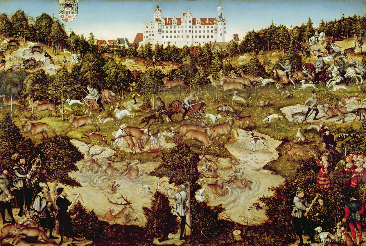 Polowanie na cześć cesarza Karola V w pobliżu zamku Hartenfels, Torgau, 1544 (patrz także 498131, 72409 i 498129) autorstwa Lucas Cranach the Elder