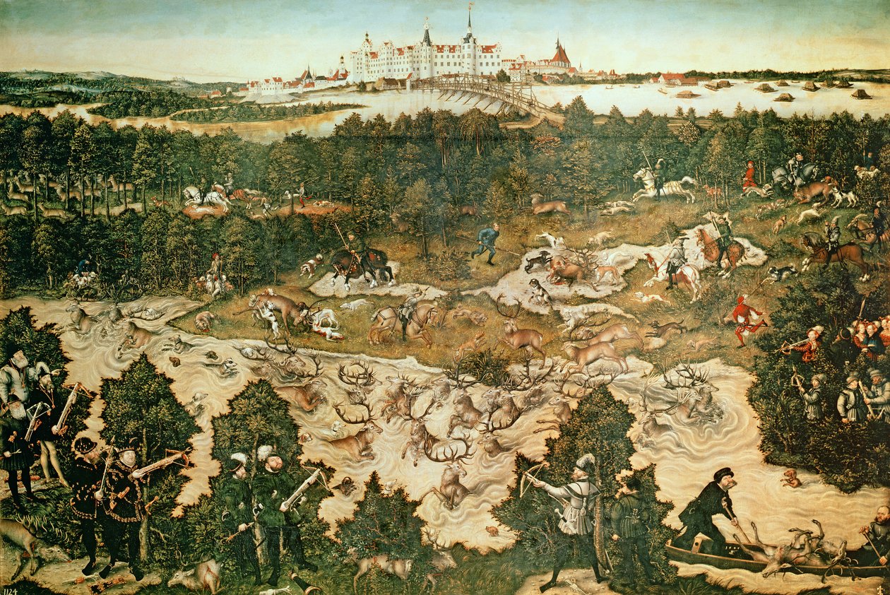 Polowanie na cześć cesarza Karola V w pobliżu zamku Hartenfels, Torgau, 1544 (patrz także 38682, 72409 i 498129) autorstwa Lucas Cranach the Elder