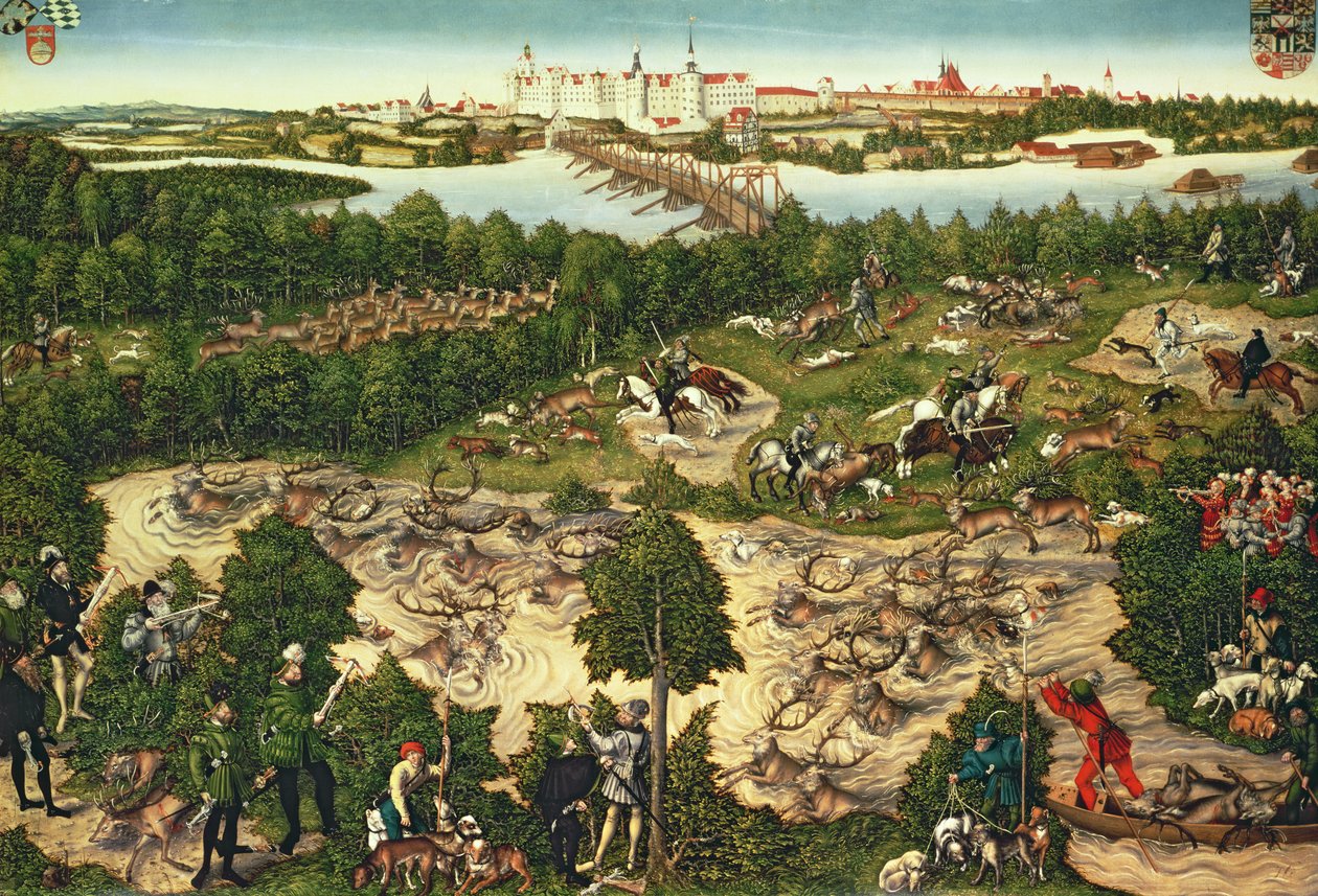 Polowanie na cześć cesarza Karola V w pobliżu zamku Hartenfels, Torgau, 1544 (patrz także 498131, 38682 i 498129) autorstwa Lucas Cranach the Elder