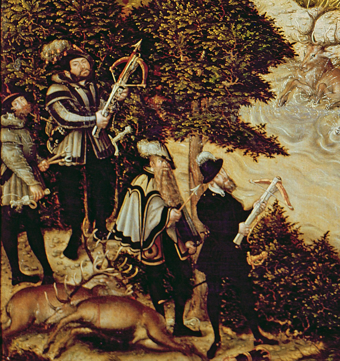 Johann Friedrich Wspaniały, elektor saski i cesarz Karol V polujący na jelenie w pobliżu zamku Hartenfels, Torgau, 1544 (detal z 38682) autorstwa Lucas Cranach the Elder