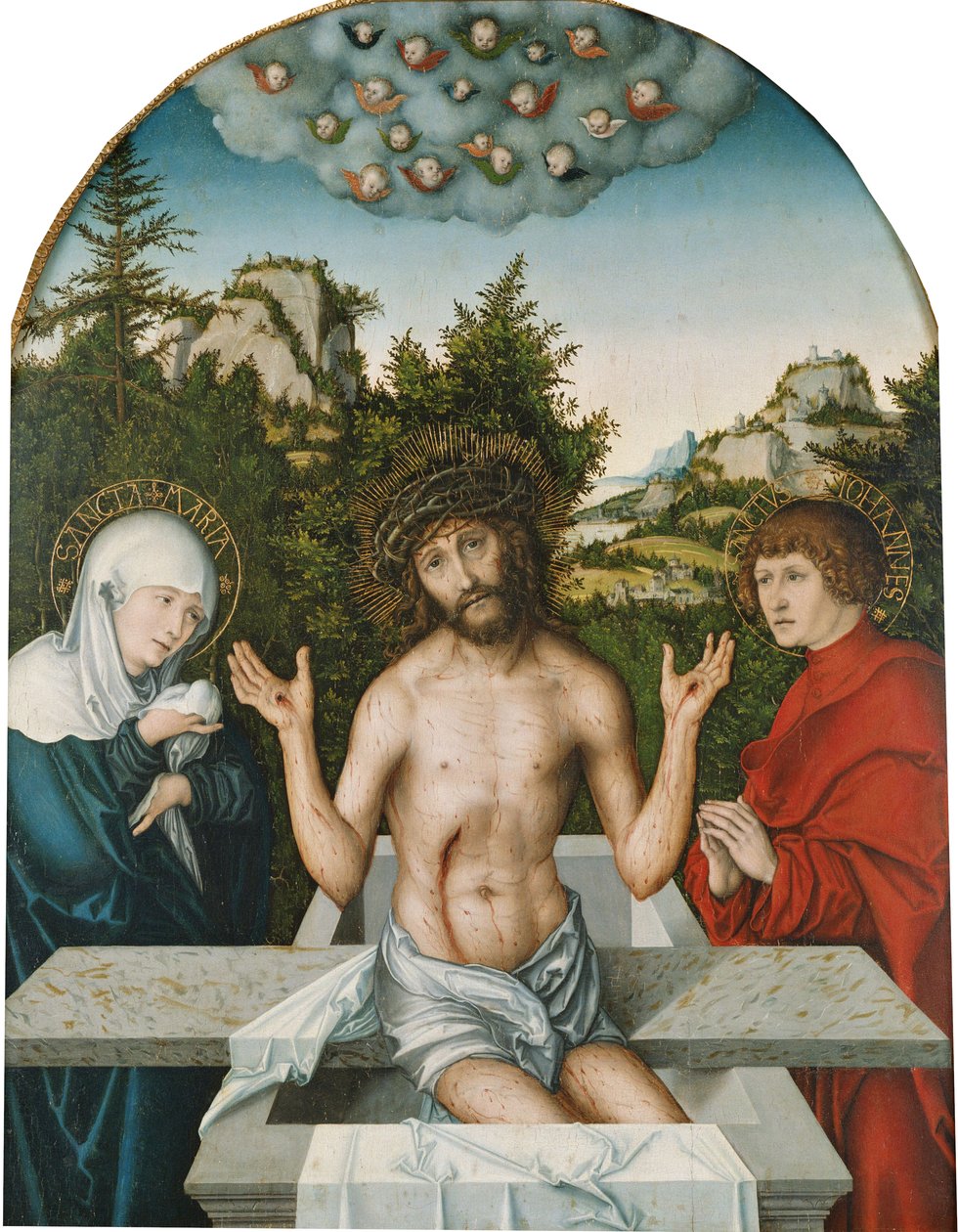 Ołtarz Pfirtschera: Chrystus jako Człowiek Boleści, siedzący na sarkofagu między Dziewicą i św. Janem [panel centralny] autorstwa Lucas Cranach the Elder