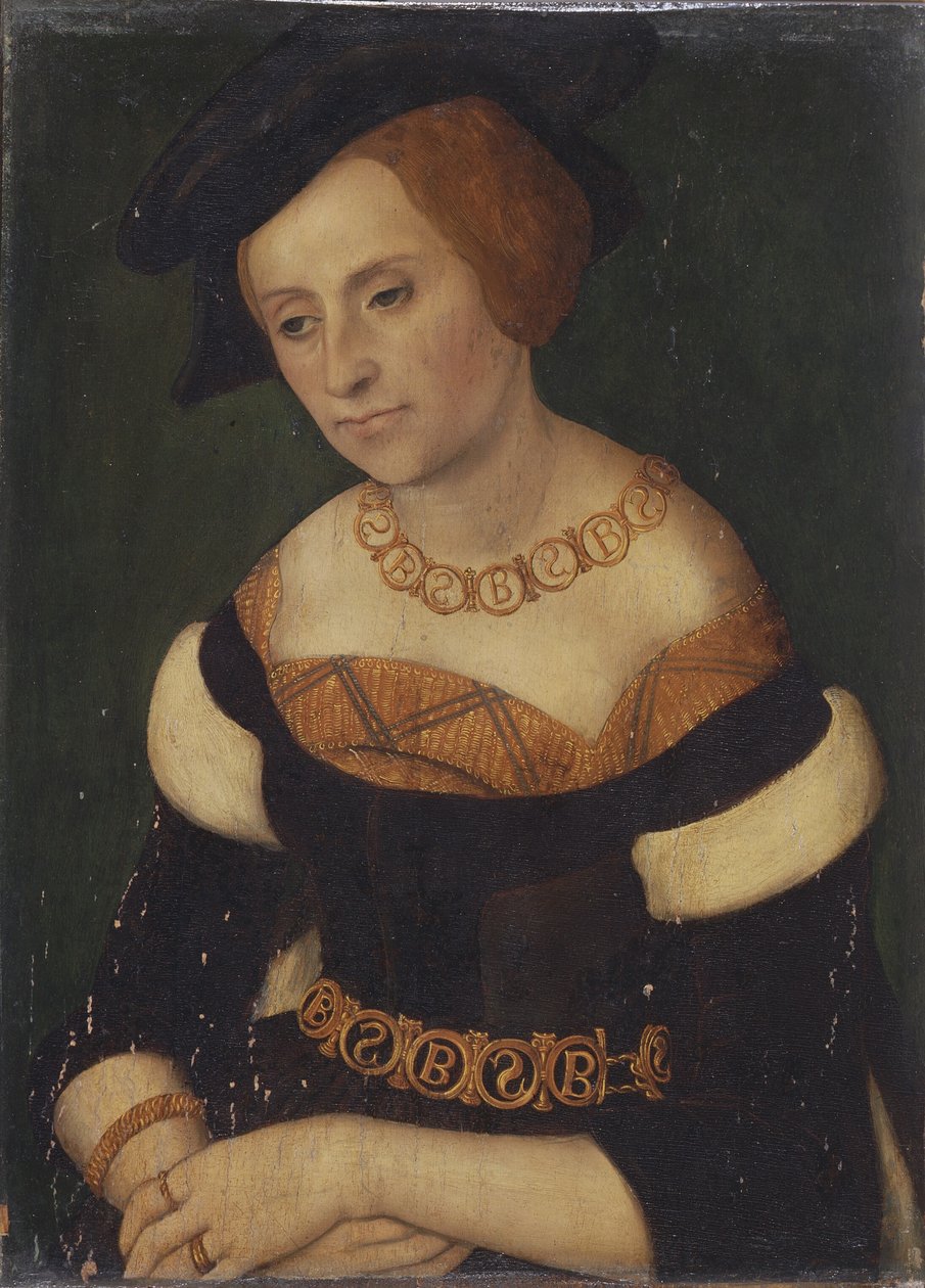 Portret Barbary Zapolyi (1495-1515), królowej Polski z naszyjnikiem i pasem z monogramem Bamp;S (Barbara et Sigismundus) autorstwa Lucas Cranach the Elder