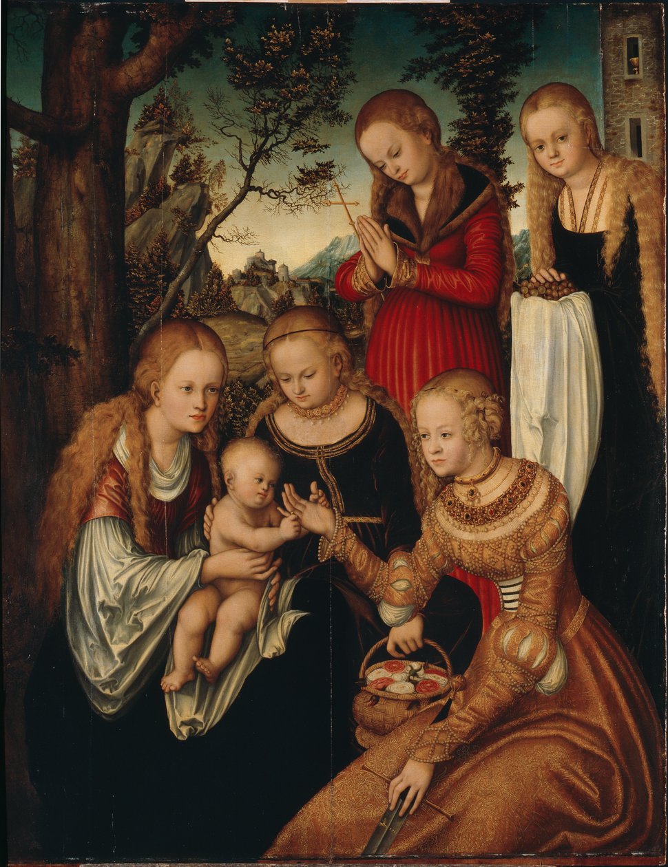 Matka Boża z Dzieciątkiem ze świętymi Katarzyną, Dorotą, Małgorzatą i Barbarą tzw. Wesele św autorstwa Lucas Cranach the Elder